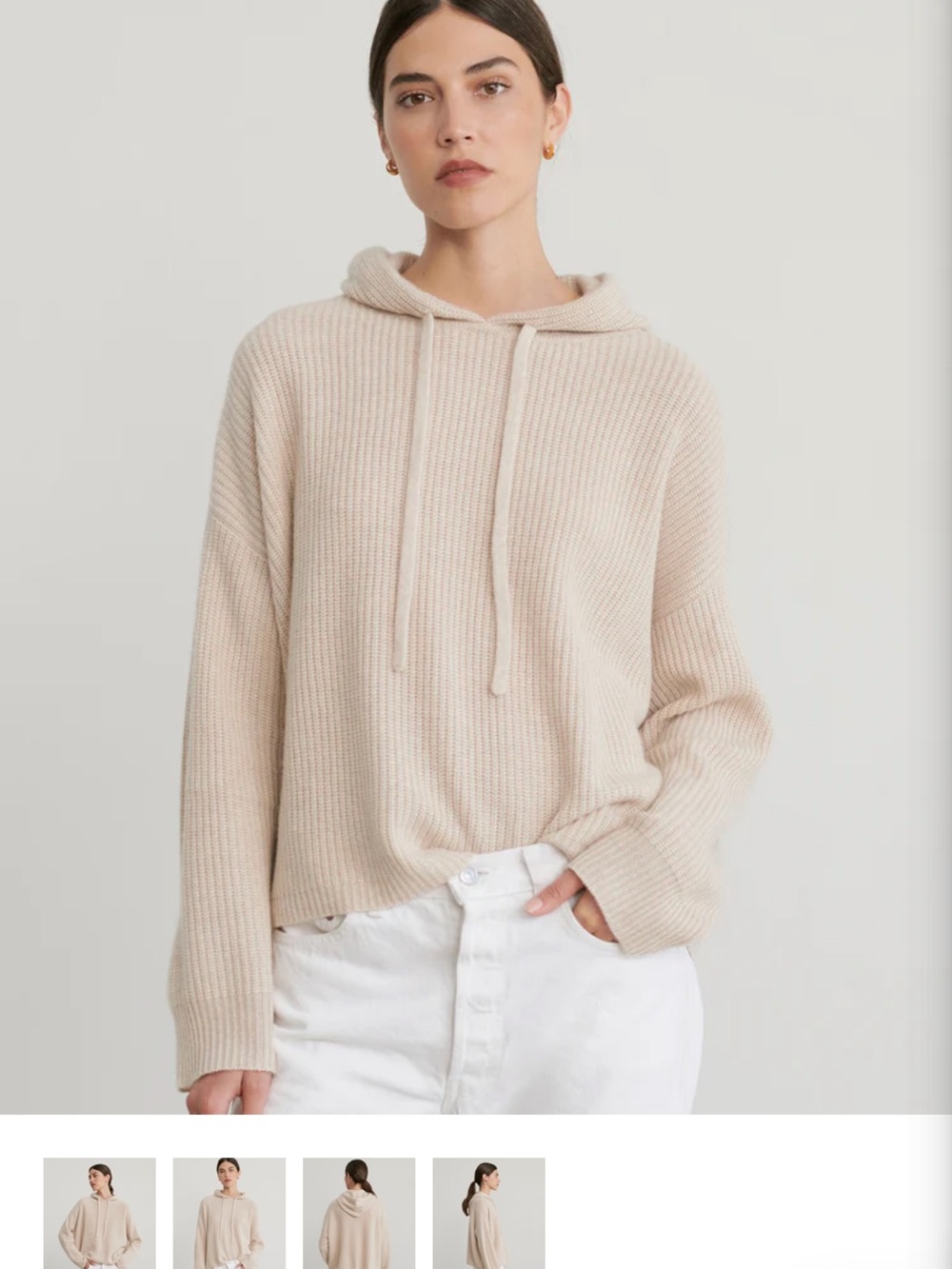Jenni Kayne Cream Ribbed Cashmere Hoodie Sweater - Picture 2 of 6